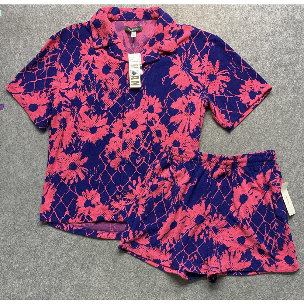 Urban Outfitters Set Mens Medium Pink Floral Terry Shirt Shorts Summer Casual